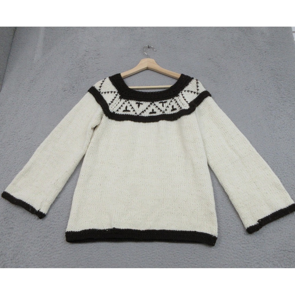 Fair Isle Sweater Womens Medium White Boat Neck Knit Pullover Chunky Long Sleeve
